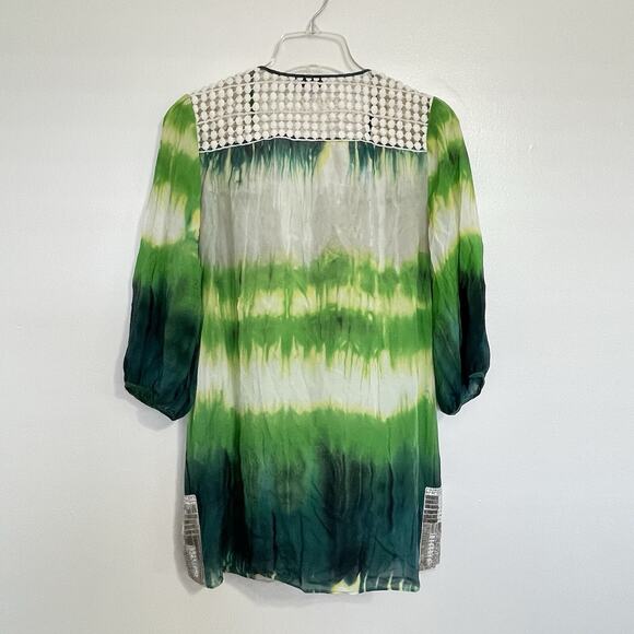 Calypso St. Barth Silk Sequin Tunic Top Size XS Green Cream Boho Batik Resort - Picture 6 of 11